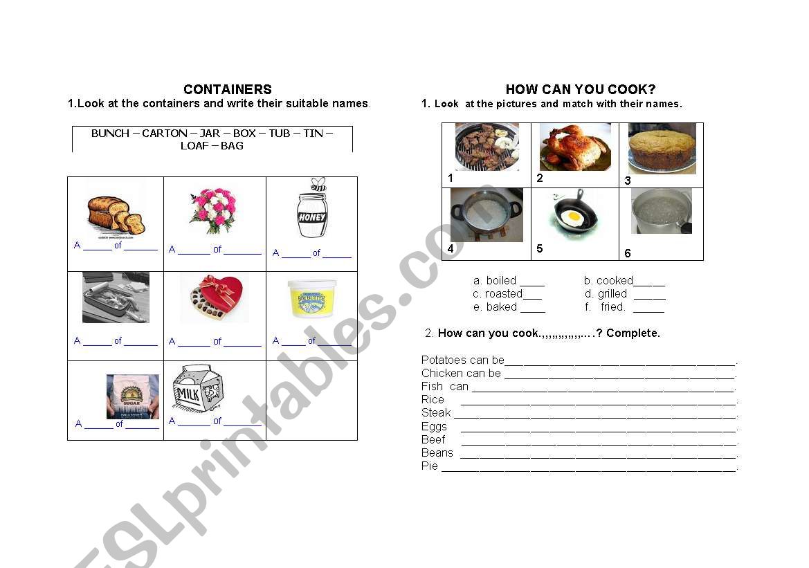 CONTAINERS AND FOOD worksheet