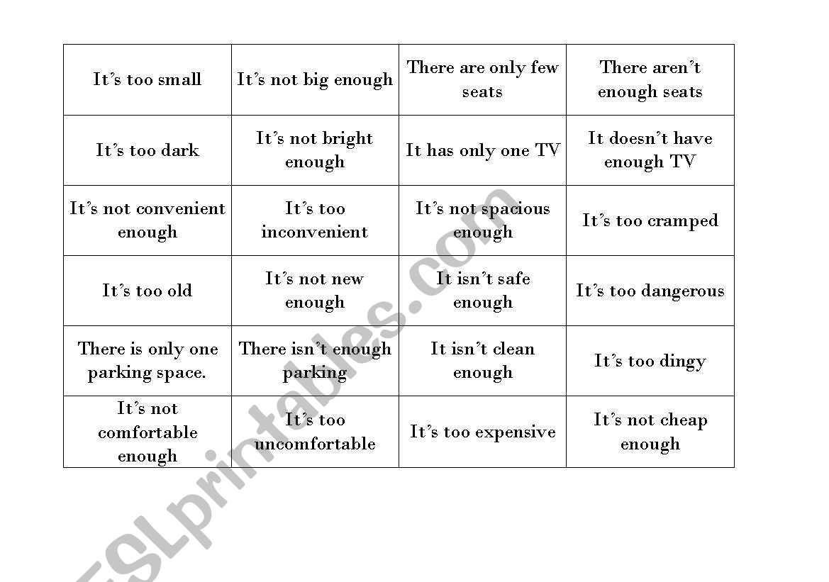 Enough vs too worksheet