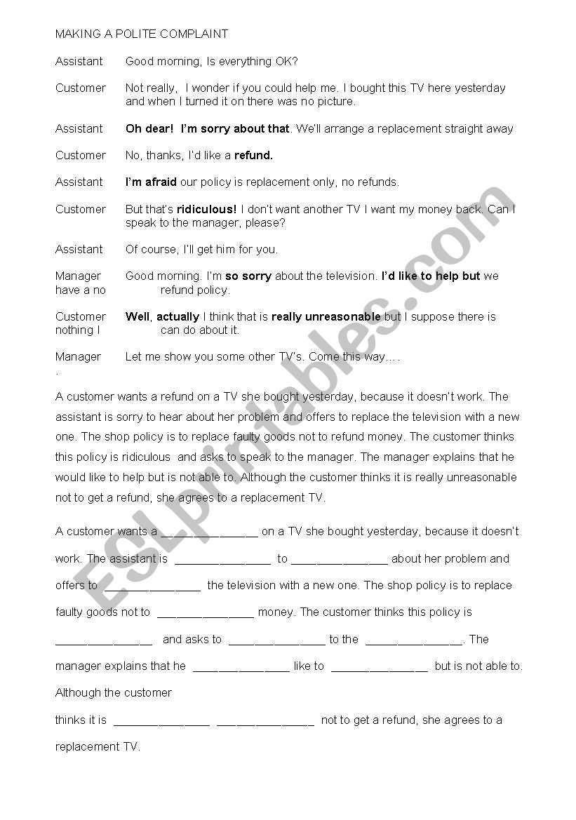 Making a polite complaint worksheet