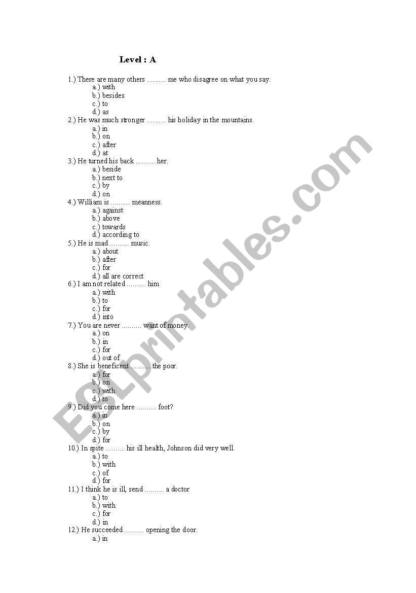 preposition exercises for level A, level B, level C