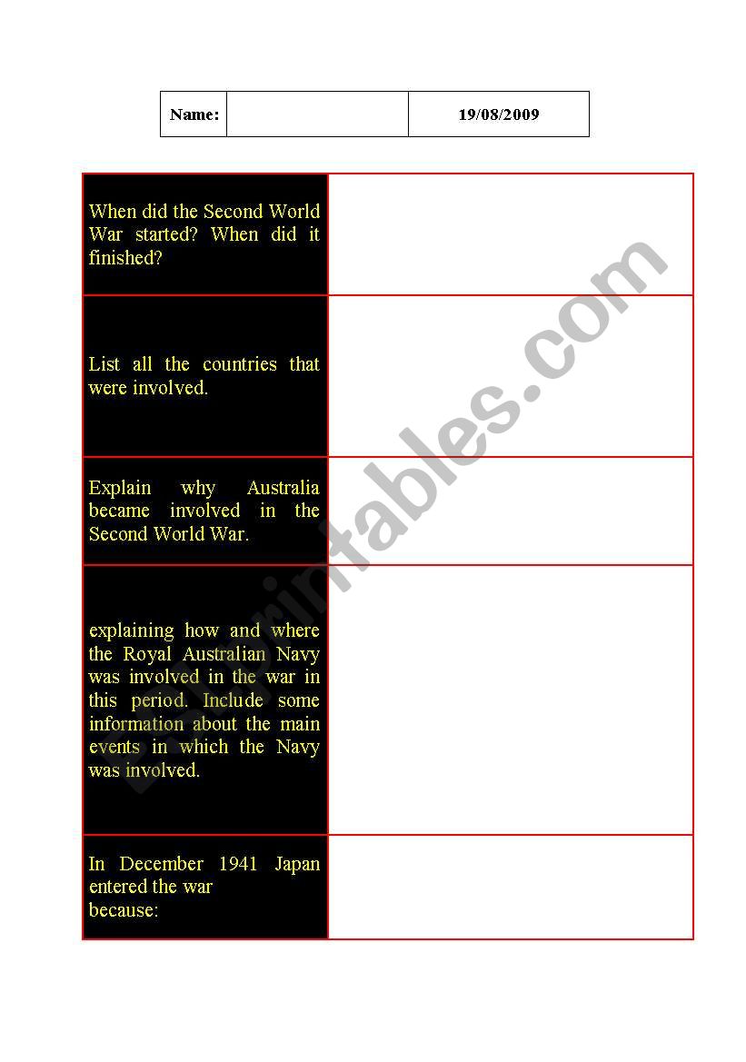 Second World War worksheet