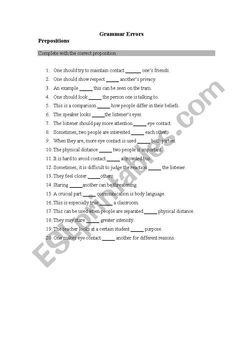 Preposition revision or test worksheet