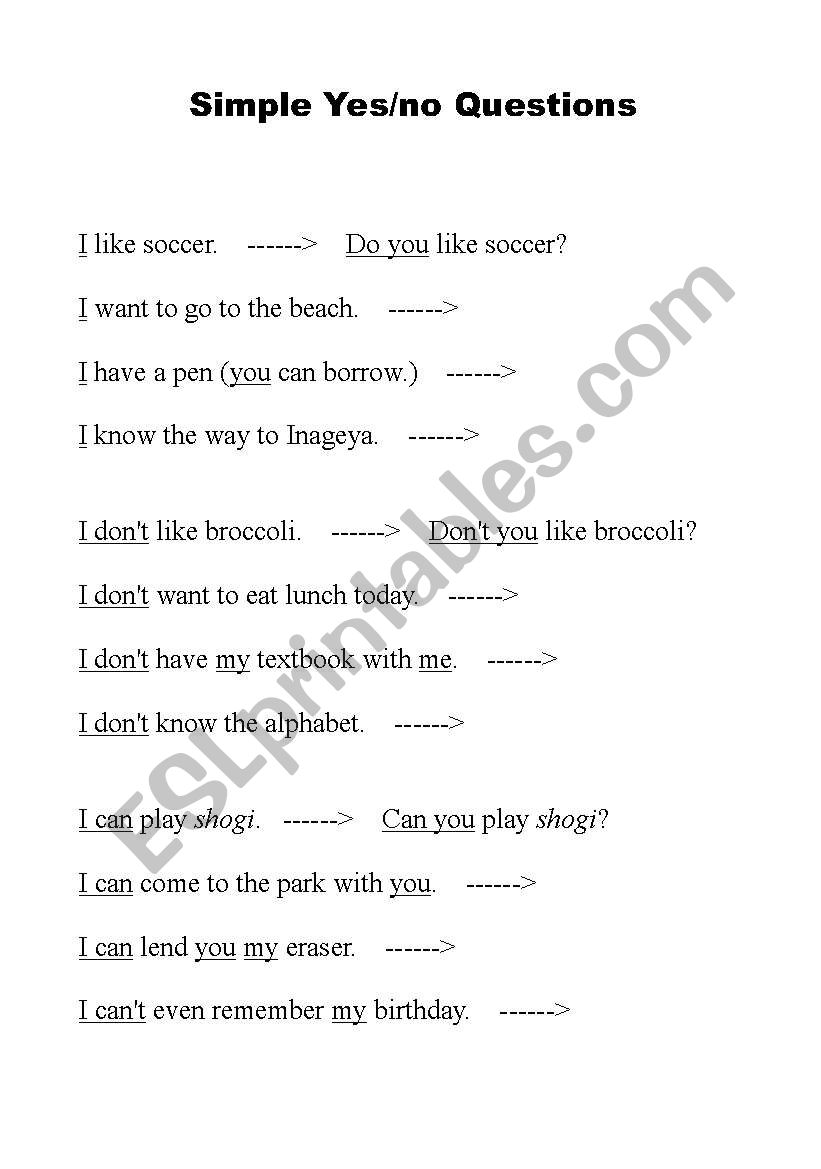 Yes / No questions worksheet