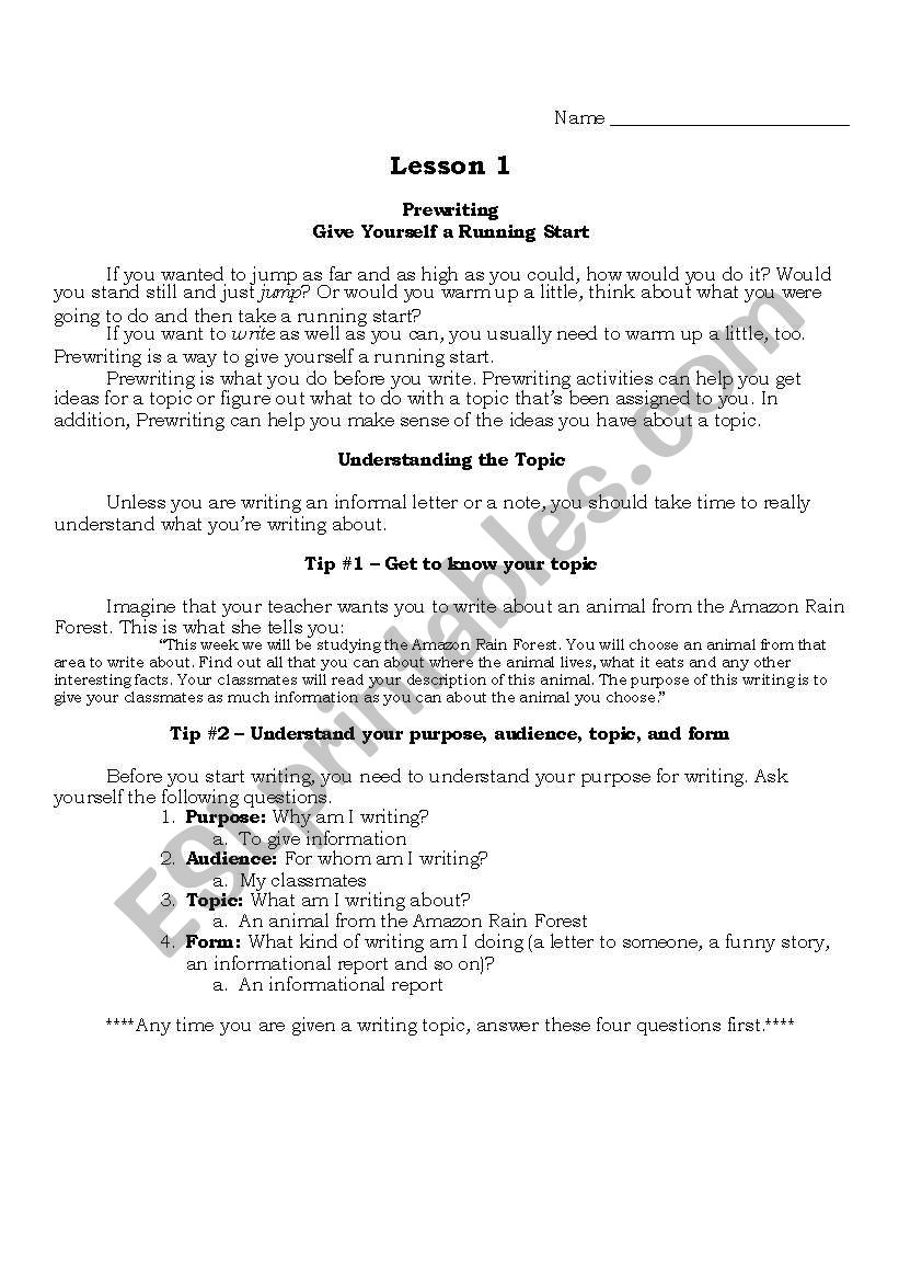 Writing Lesson 1 worksheet