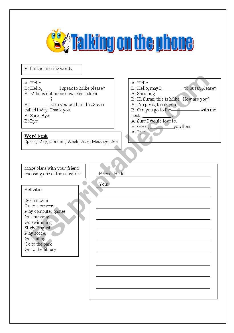 Talking on the phone worksheet