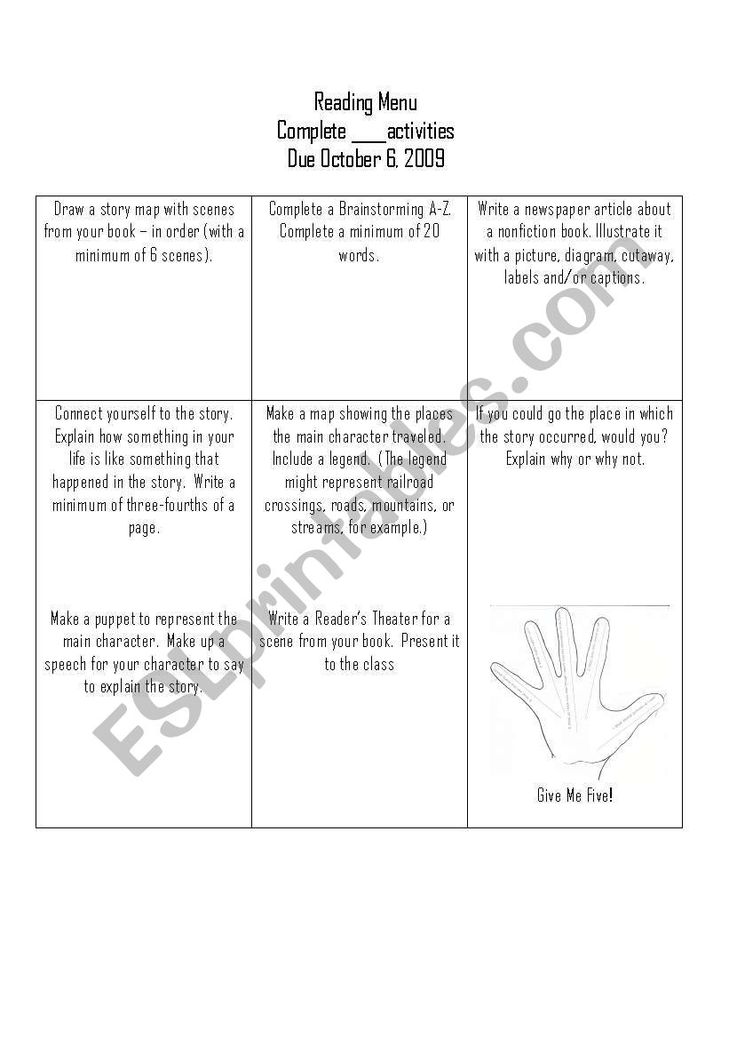Reading Menu worksheet