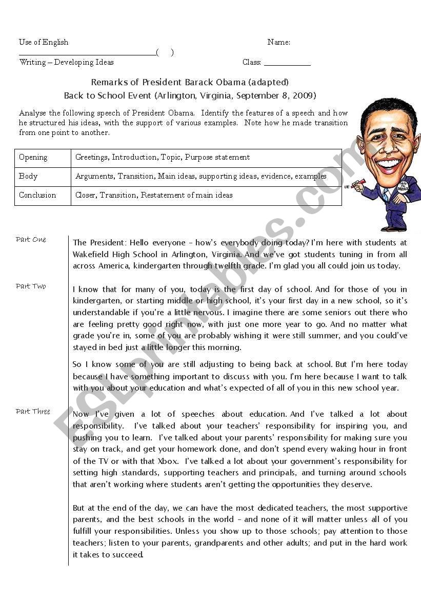 Analysing ObamaÂ´s Speech 1 worksheet