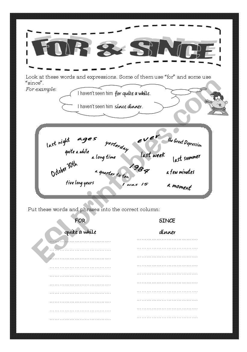 For and Since worksheet
