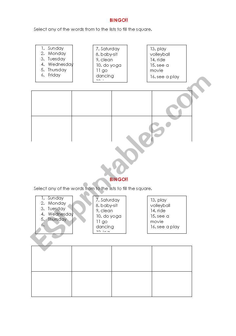 bingo warm up worksheet