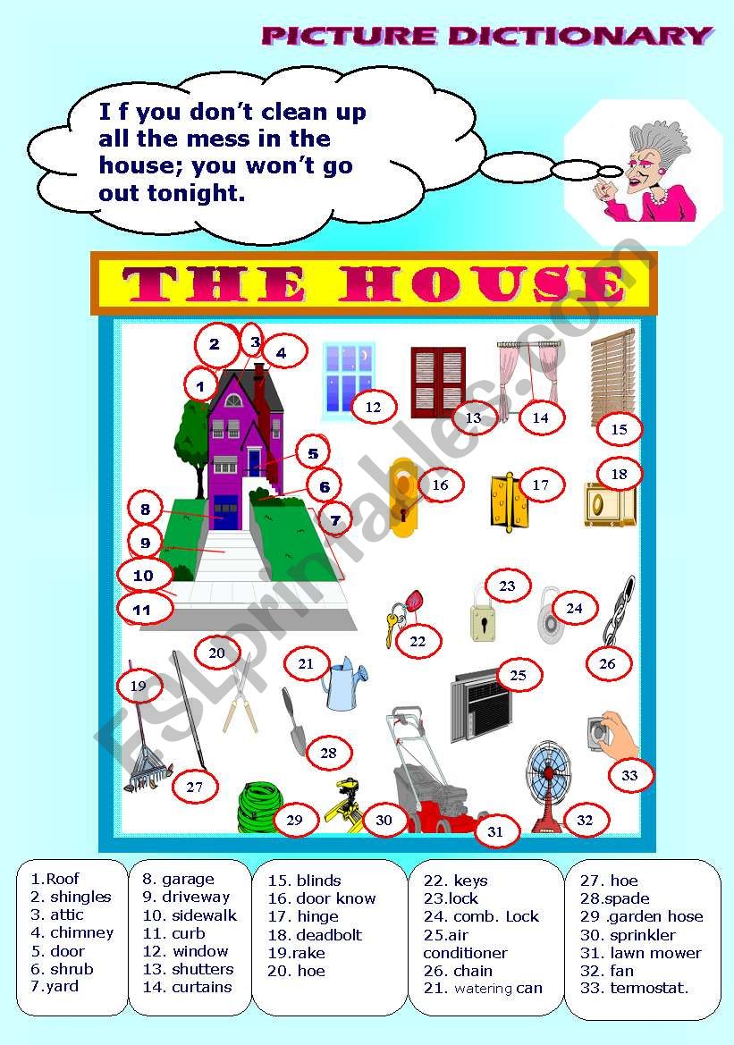 THE HOUSE, picture dictionary worksheet