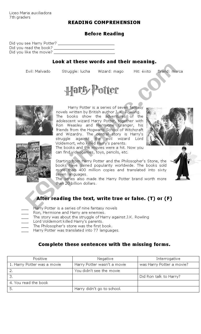 Past tense/Harry Potter worksheet