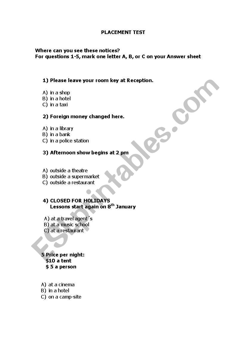 placement test worksheet