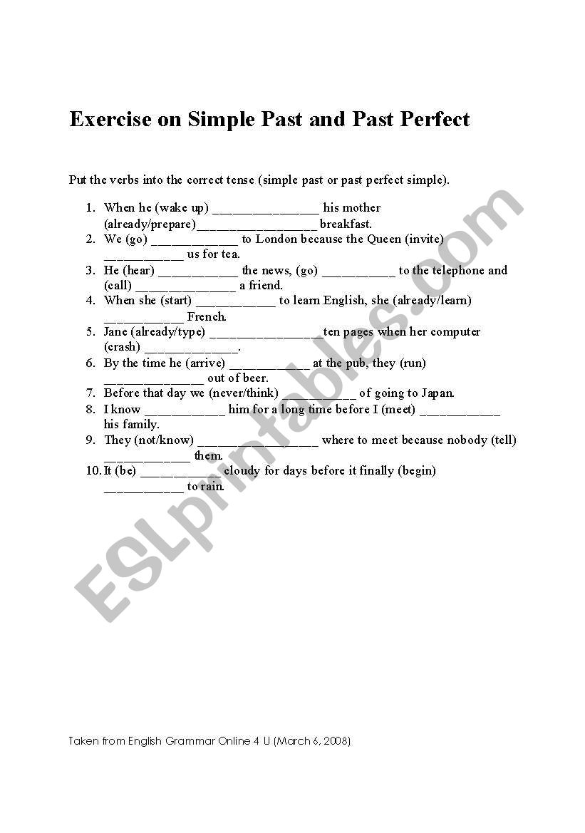 exercise on simple past and past perfect