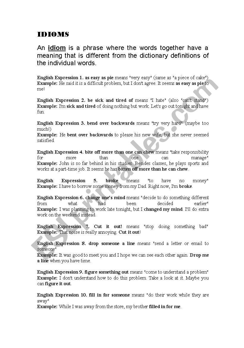 List of common idioms worksheet