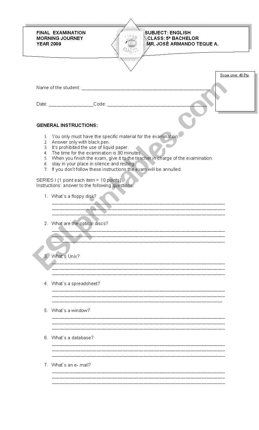 exam 5to bach worksheet