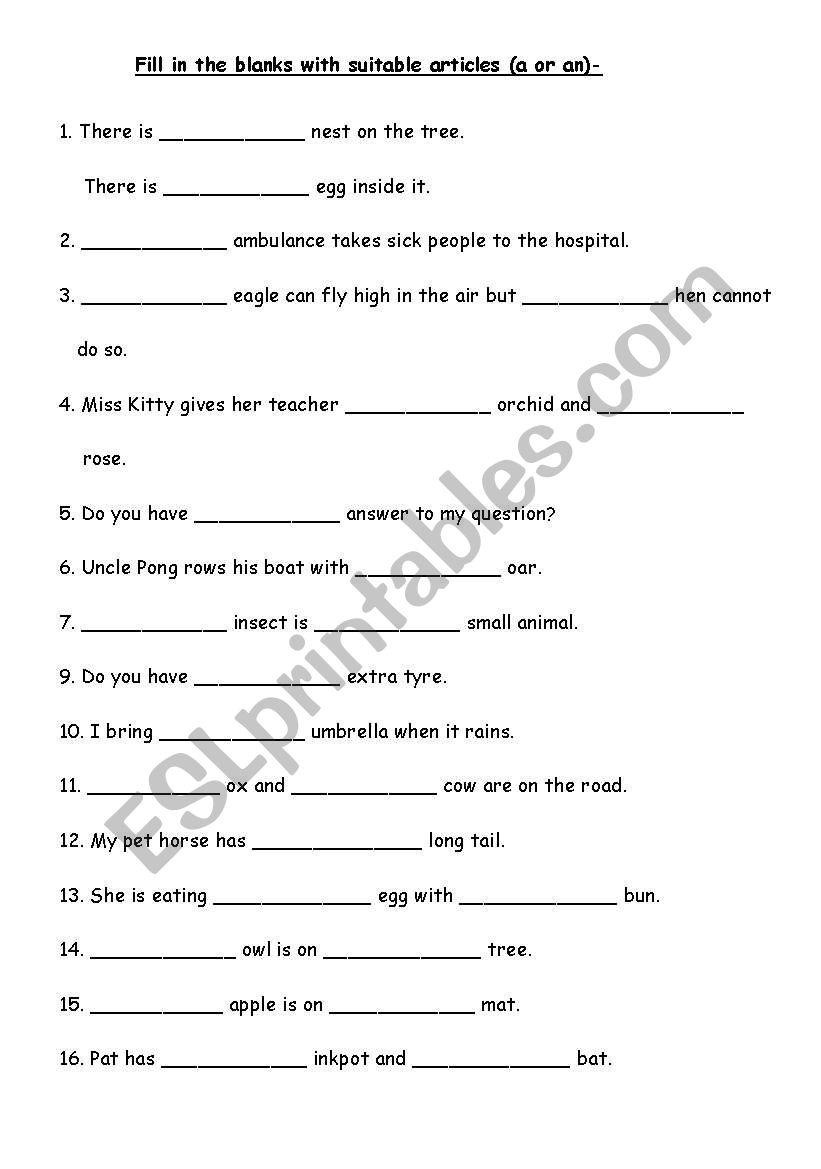 Articles - A and An worksheet