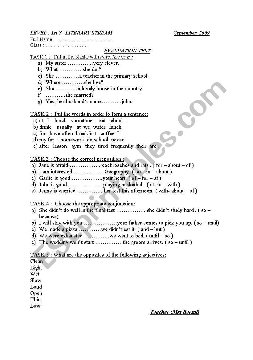 evaluation test worksheet