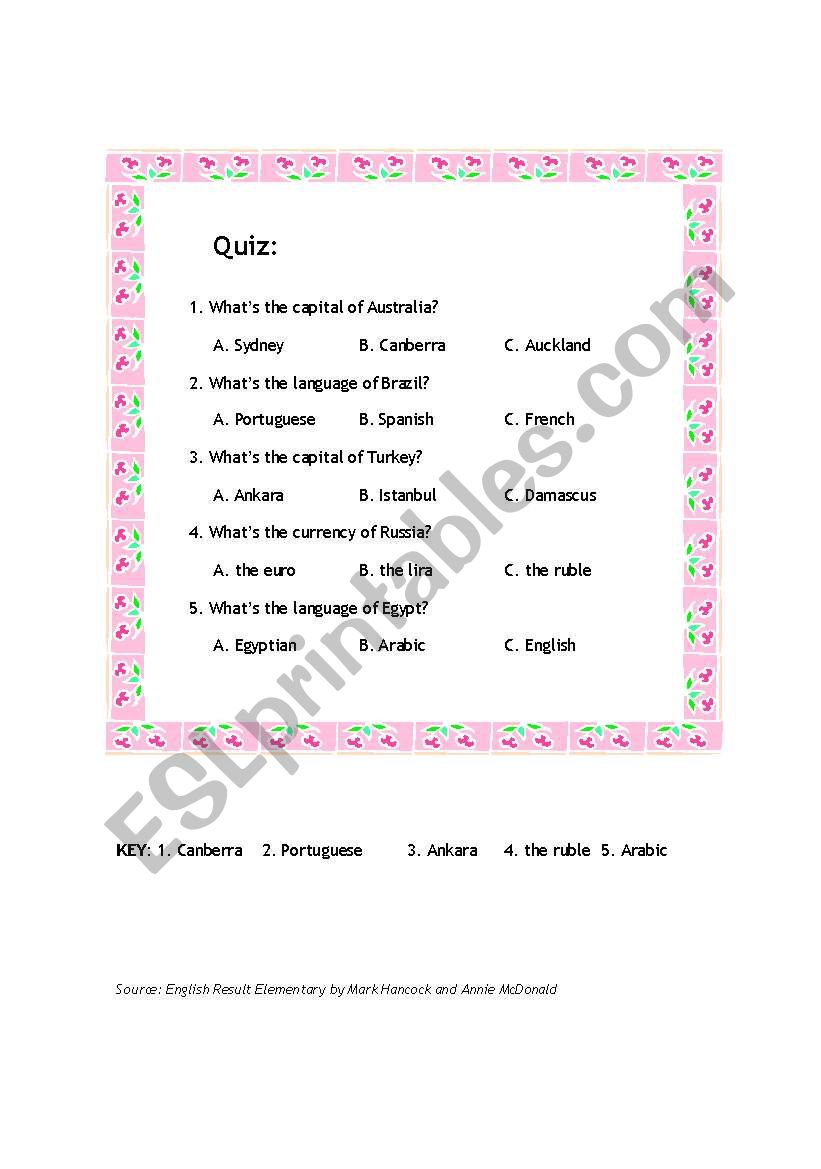 Countries Quiz Game worksheet