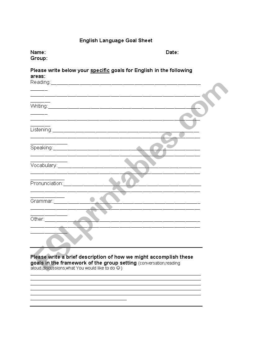 Student Goal Sheet worksheet