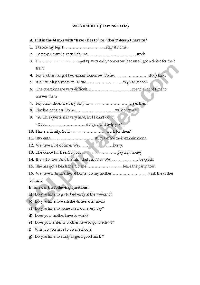 HAVE TO/HAS TO worksheet