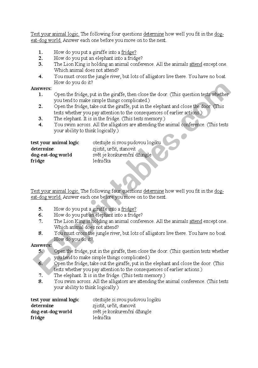 Test your animal logic worksheet