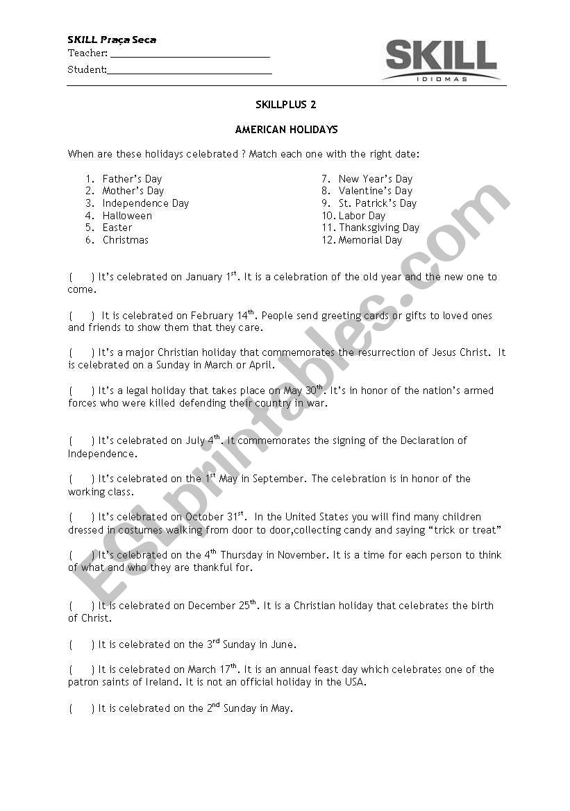 American Holidays worksheet