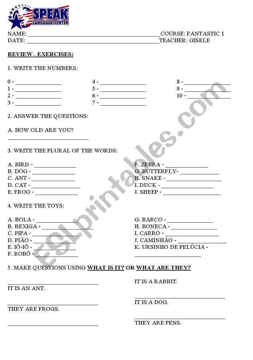 REVIEW EXERCISES ABOUT TOYS, SCHOOL THINGS AND QUESTIONS