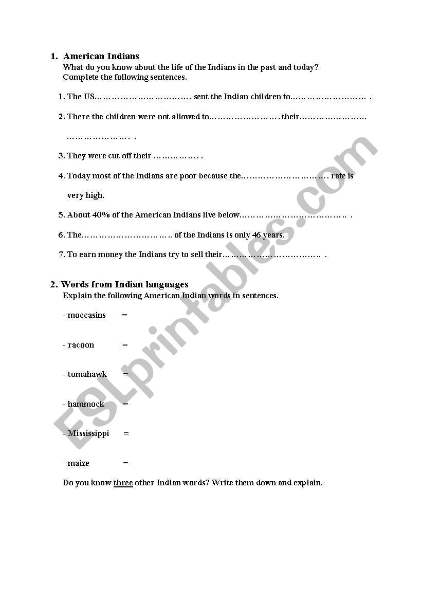 American Indians worksheet