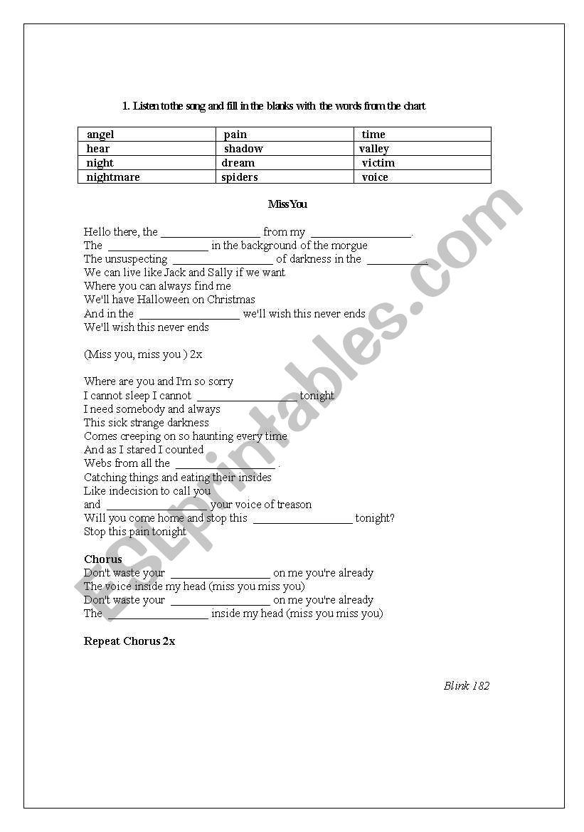 Blink 182 - Miss you worksheet