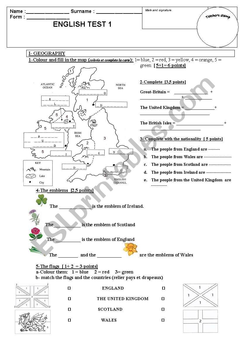 test on the British Isles, nationalities, emblems and flags