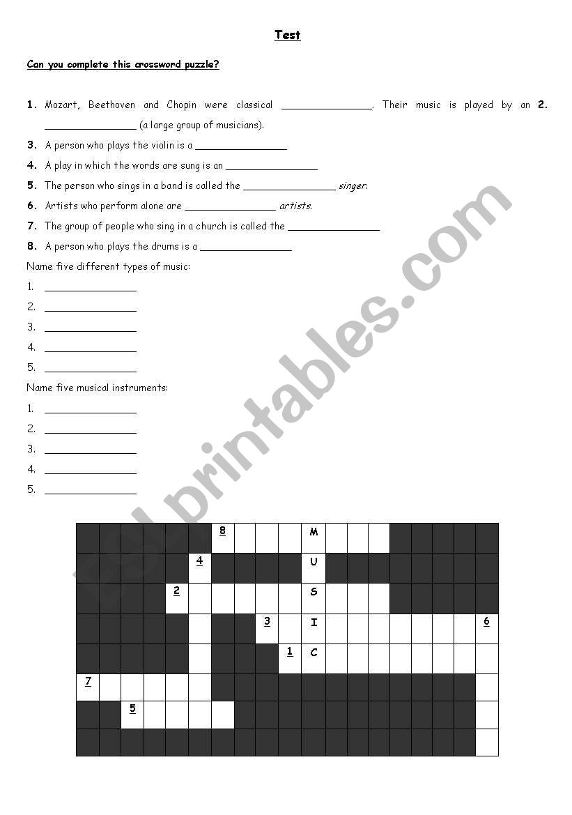 Test on music worksheet