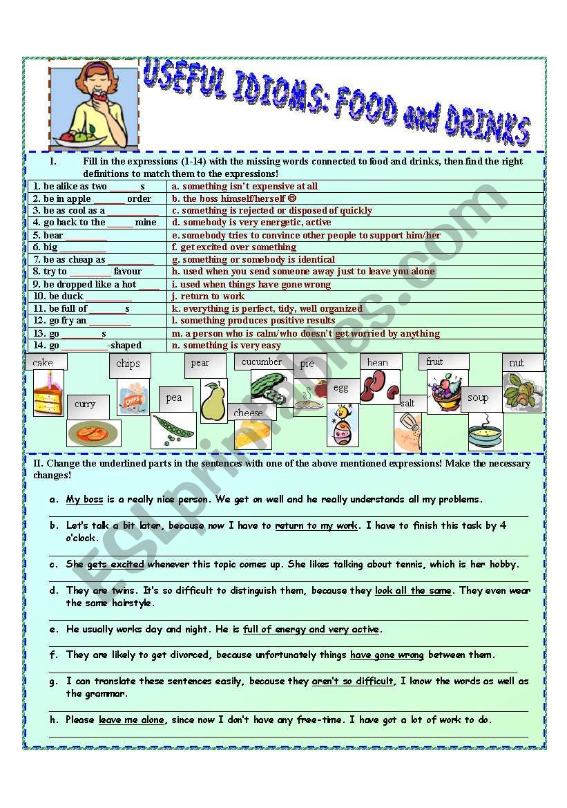 Food and Drinks idioms worksheet