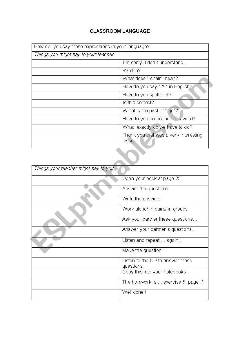 classroom language worksheet