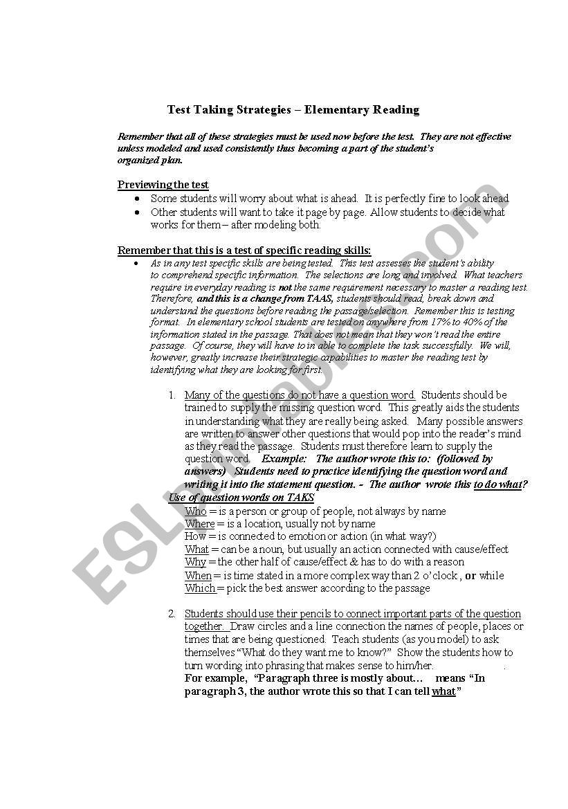 Test Taking Strategies worksheet