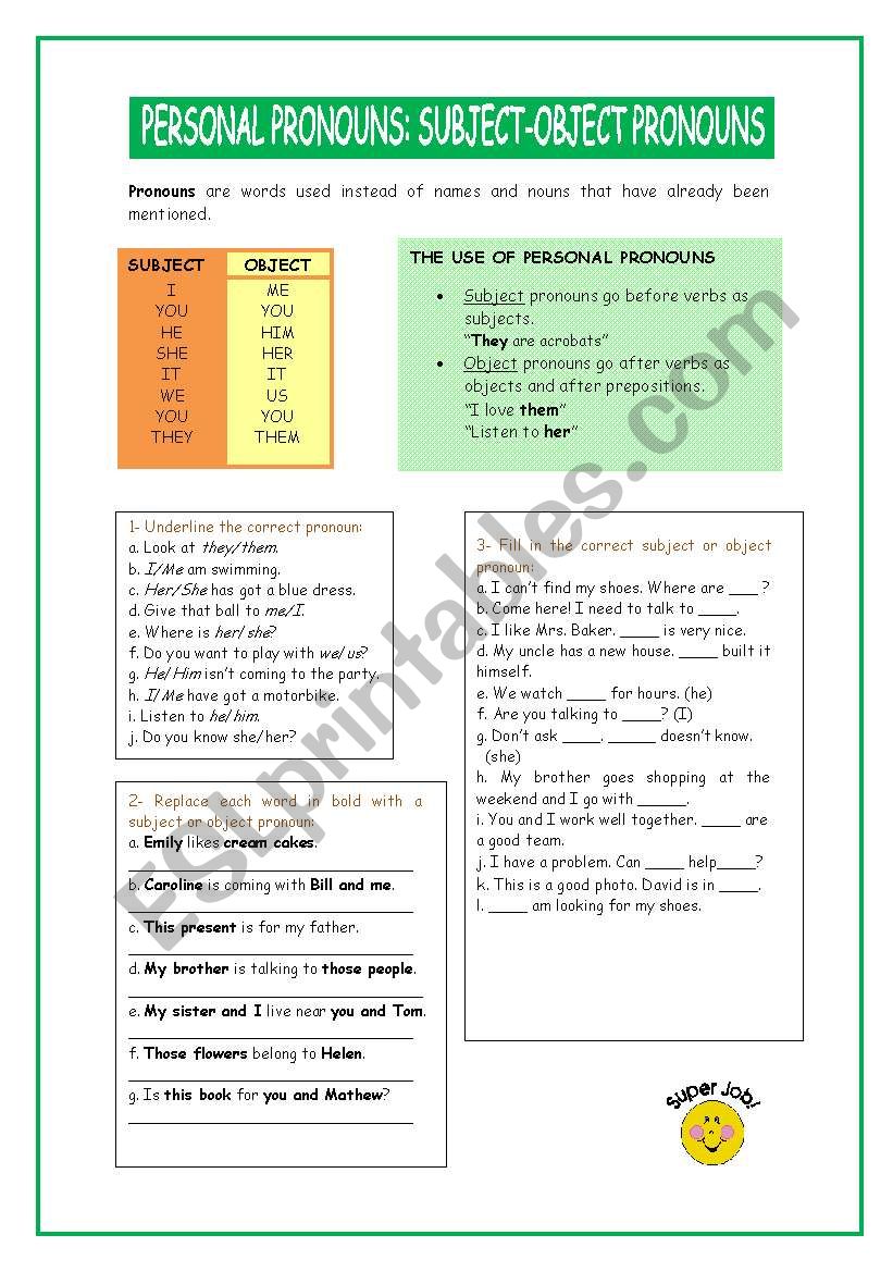 SUBJECT-OBJECT PRONOUNS worksheet