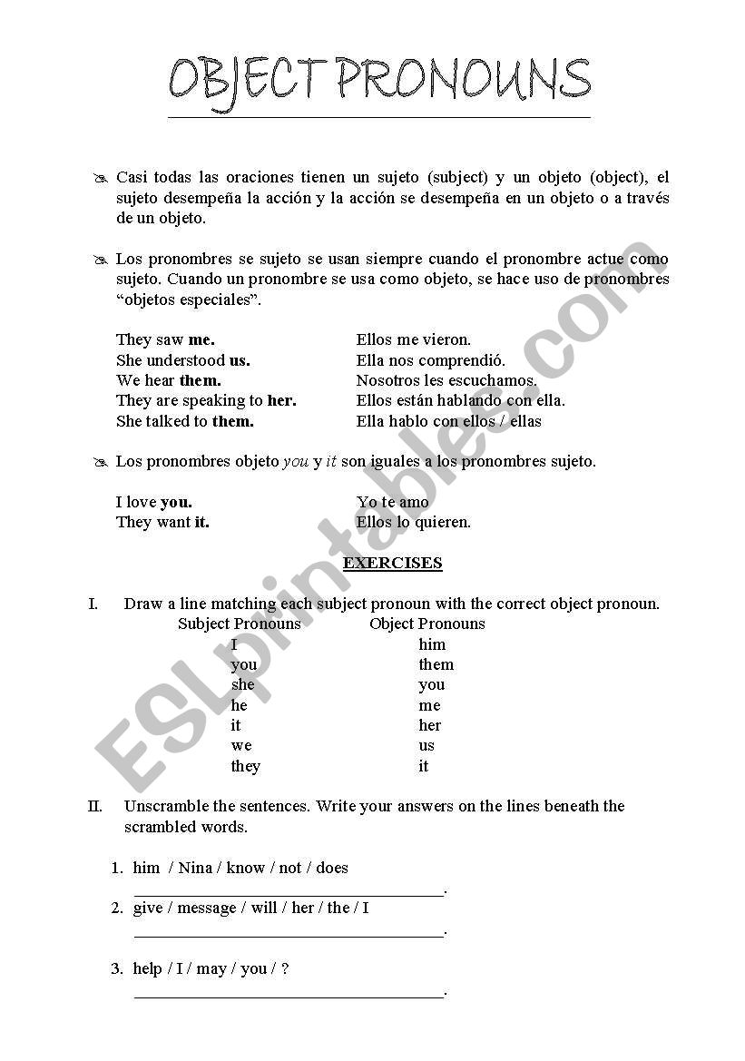 object pronouns worksheet