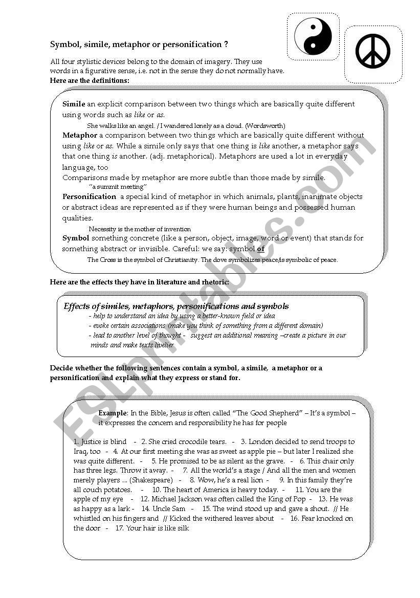 SYMBOL - SIMILE - METAPHOR - PERSONIFICATION - ESL worksheet by With Regard To Simile Metaphor Personification Worksheet
