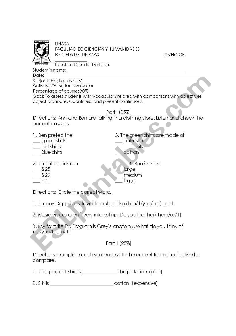 WRITTEN EXAM ON  COMPARATIVES worksheet