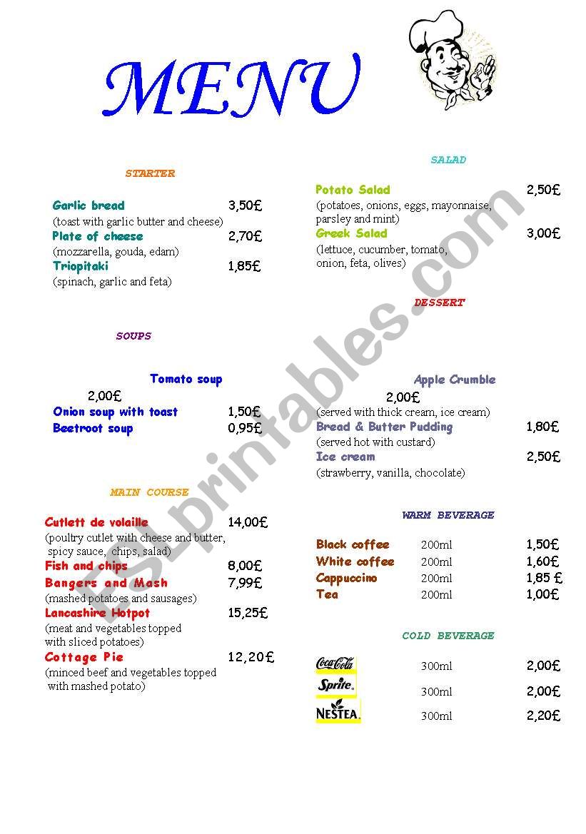 Menu Restaurant worksheet