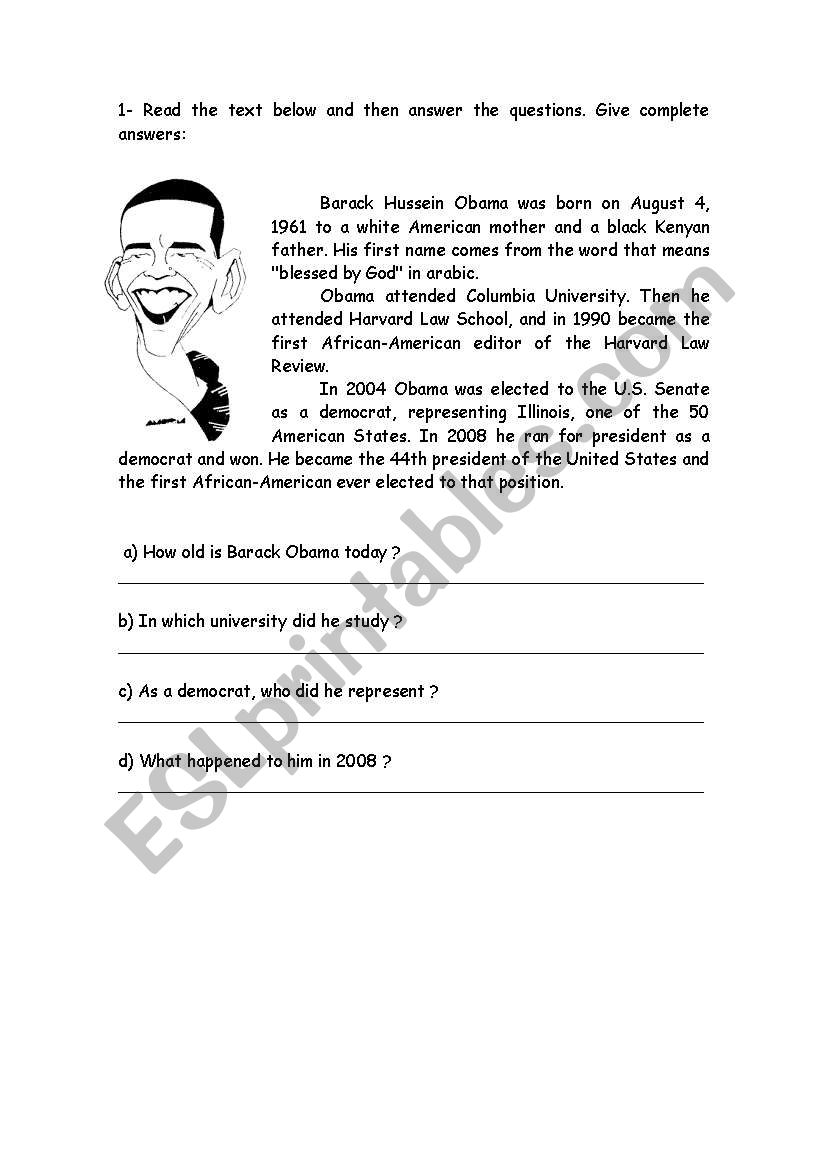 Barack Obama reading worksheet
