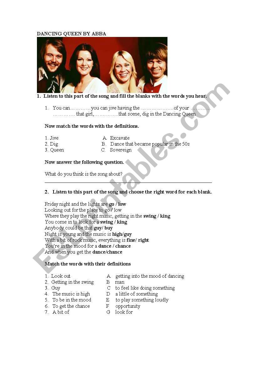 Dancing Queen by ABBA worksheet