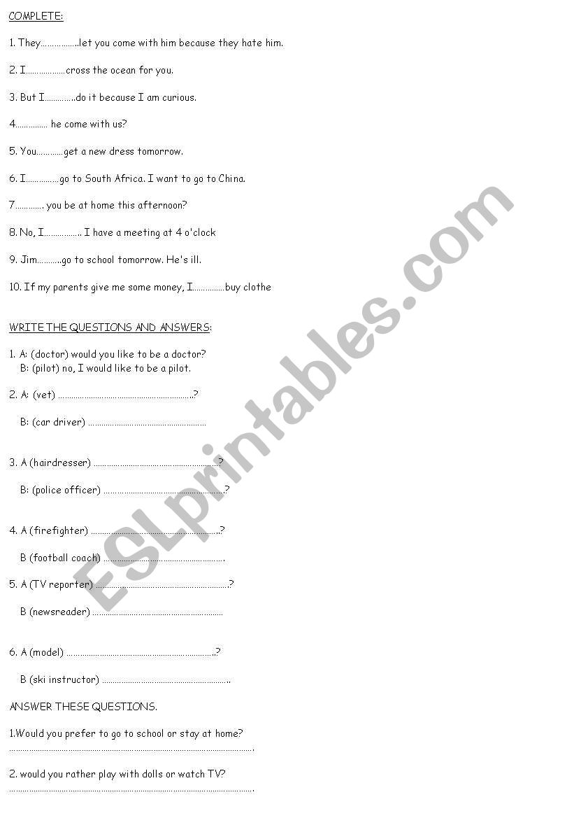 will and would worksheet