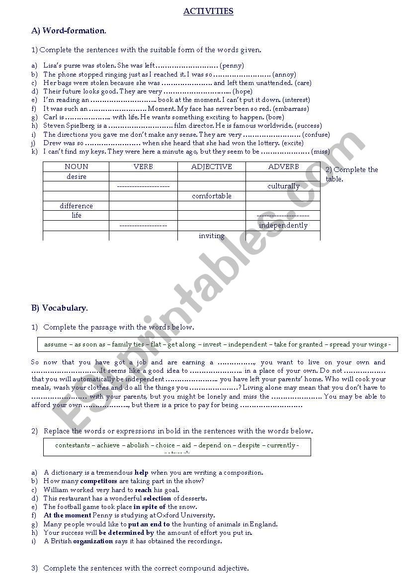 mixed activities worksheet