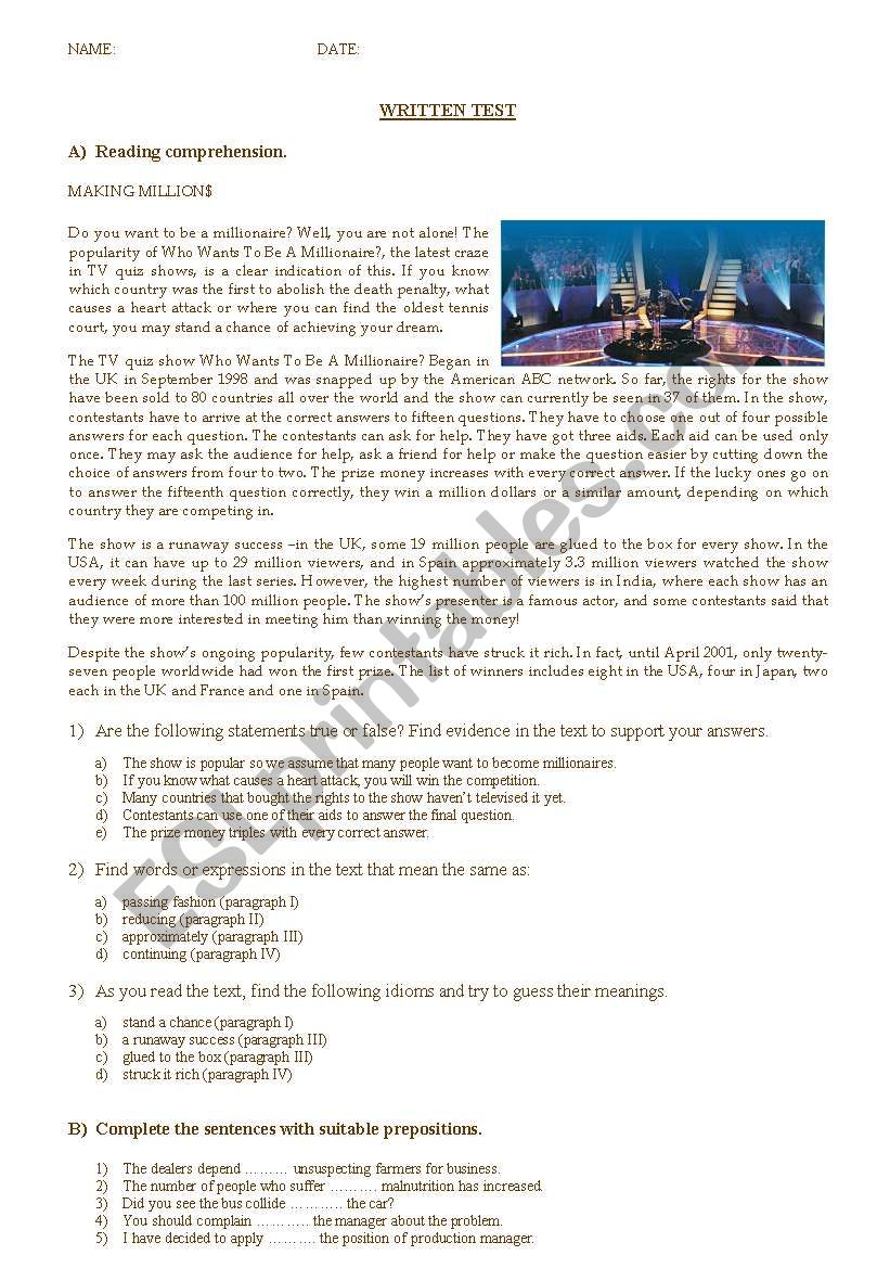 written exam worksheet