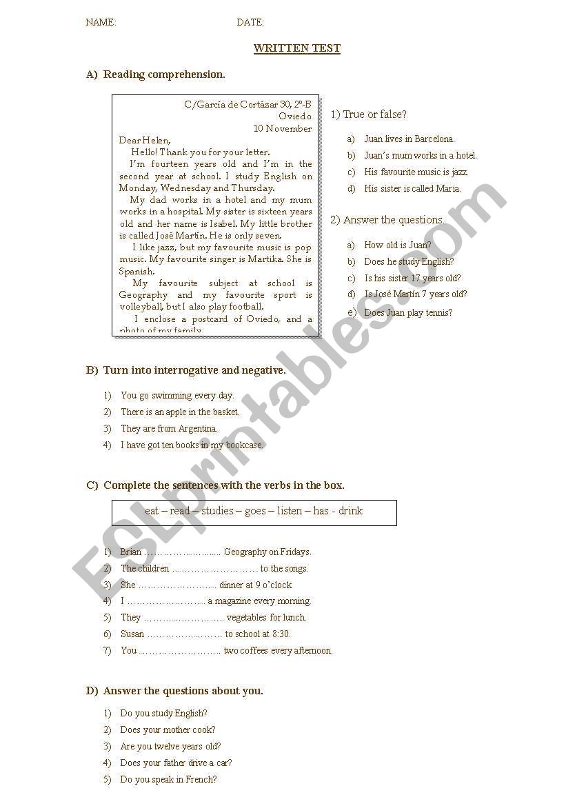 written test worksheet