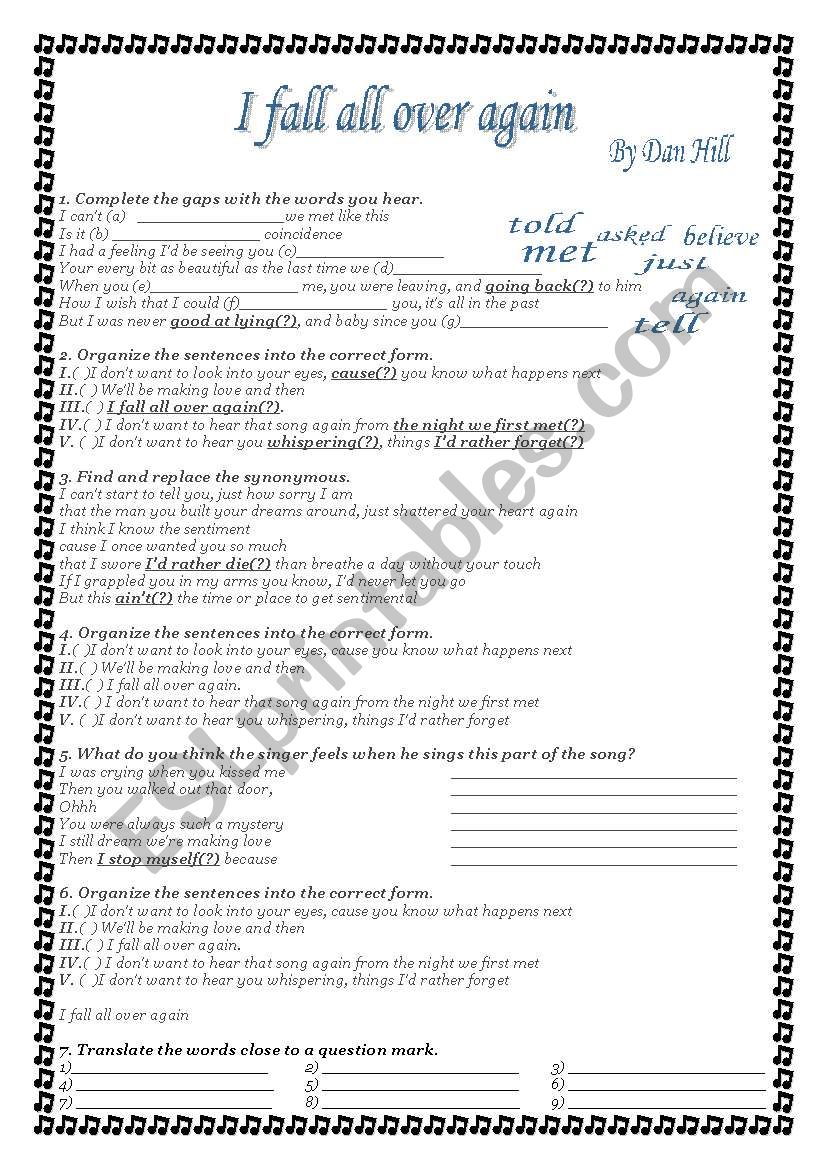 I fall all over again worksheet