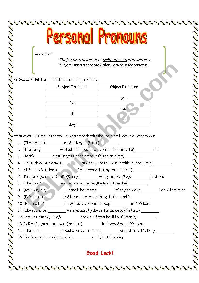 Personal Pronouns (Subject and Object) Exercise