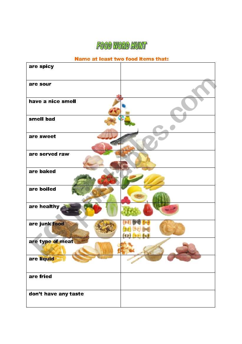 Food word hunt worksheet