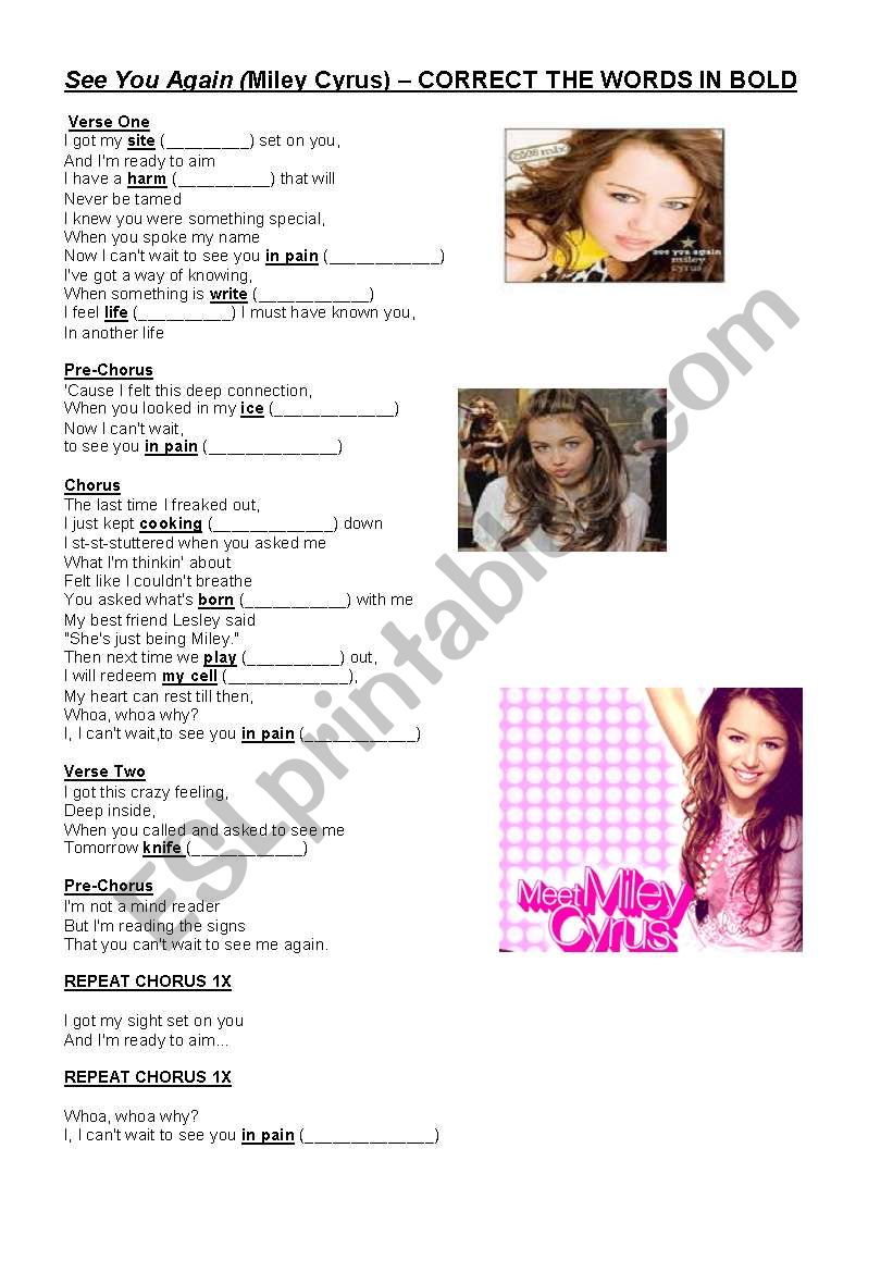 Miley Cyrus - See you again worksheet