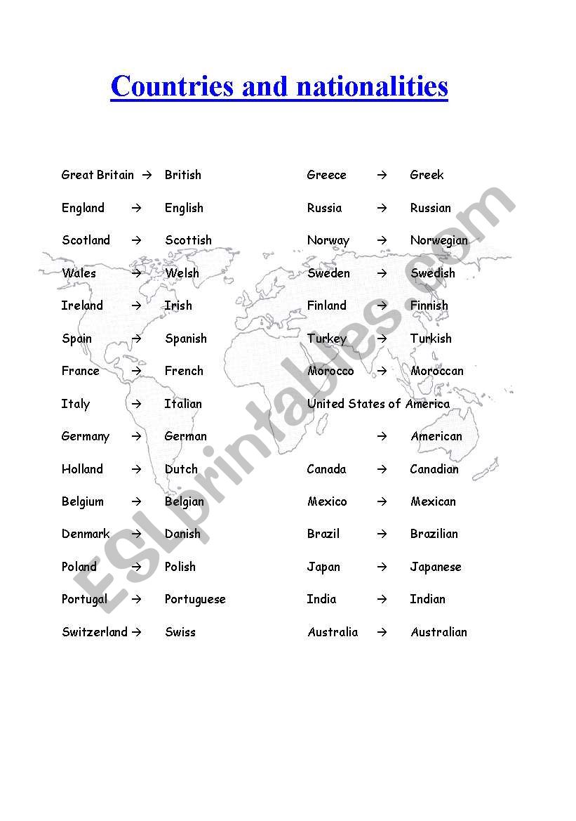 Countries and nationalities worksheet